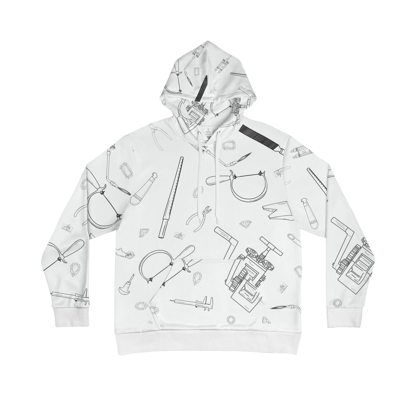 Print – front view, white hoodie with scattered jeweler's tools sketch pattern including pliers, saws, and diamonds"