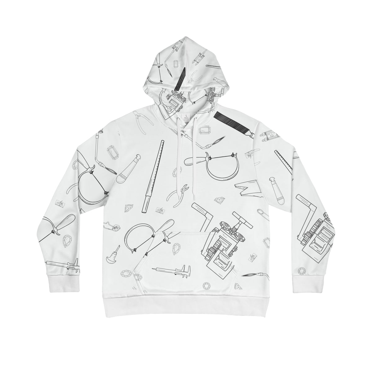 Print – front view, white hoodie with scattered jeweler's tools sketch pattern including pliers, saws, and diamonds"