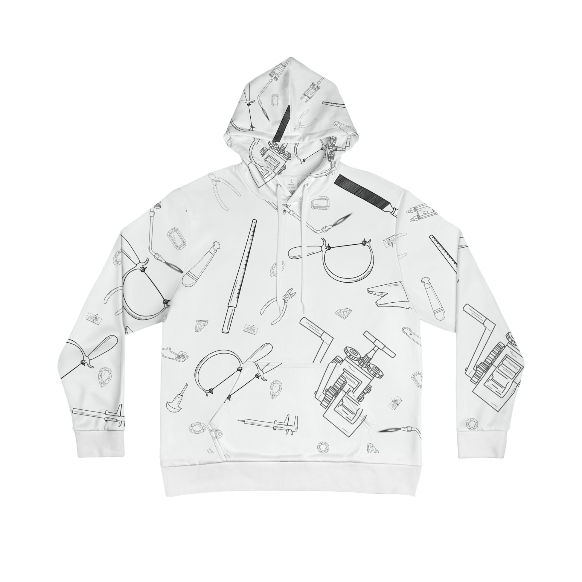 Print – front view, white hoodie with scattered jeweler's tools sketch pattern including pliers, saws, and diamonds"
