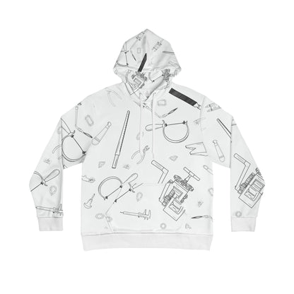 Print – front view, white hoodie with scattered jeweler's tools sketch pattern including pliers, saws, and diamonds"