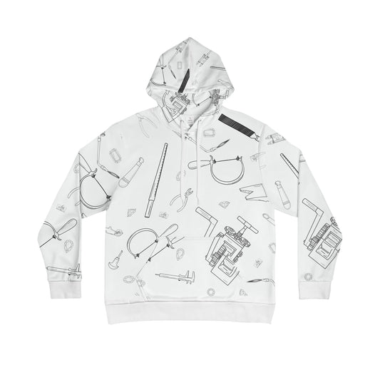 Print – front view, white hoodie with scattered jeweler's tools sketch pattern including pliers, saws, and diamonds"