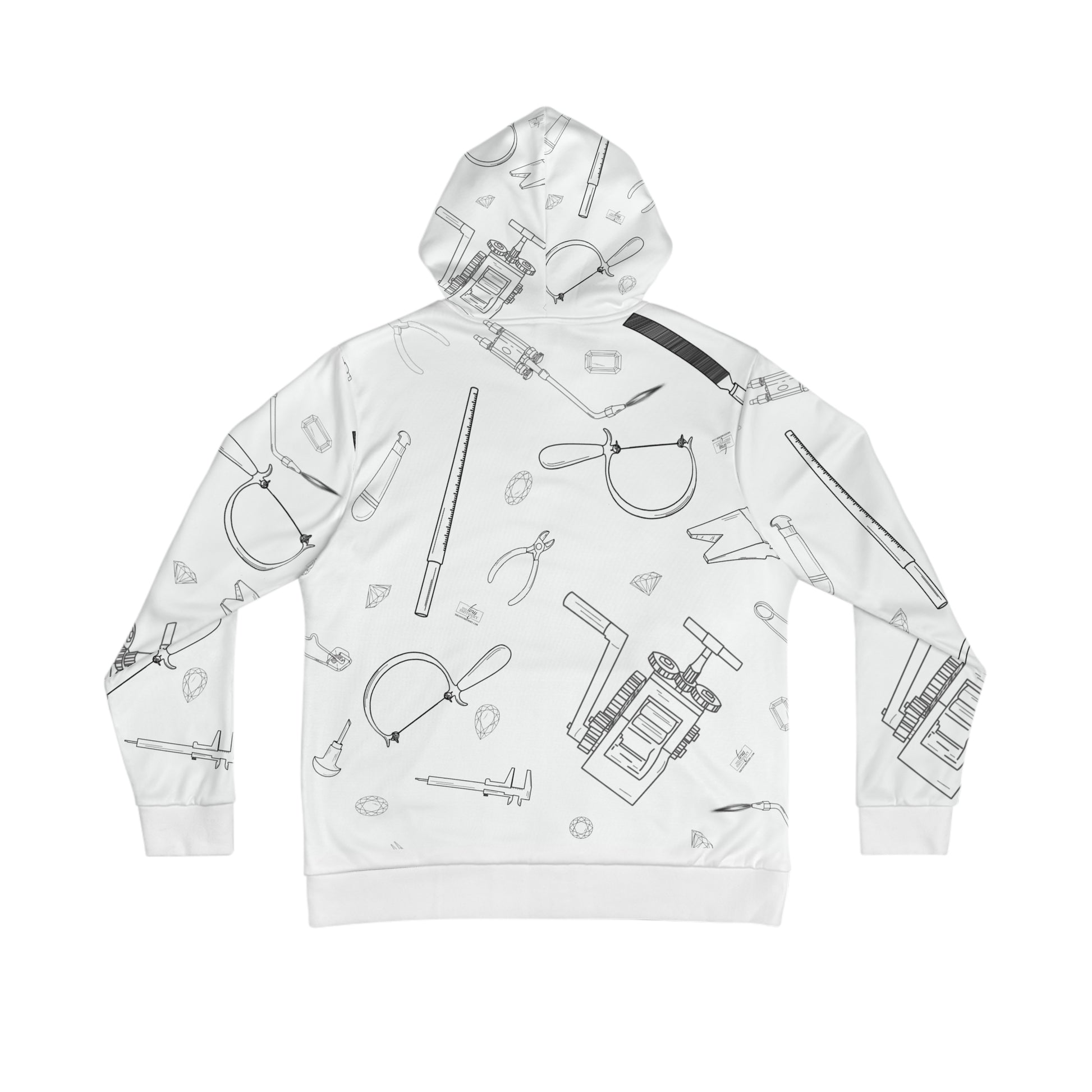 Print – back view showing full all-over jeweler's tools sketch print on white hoodie"