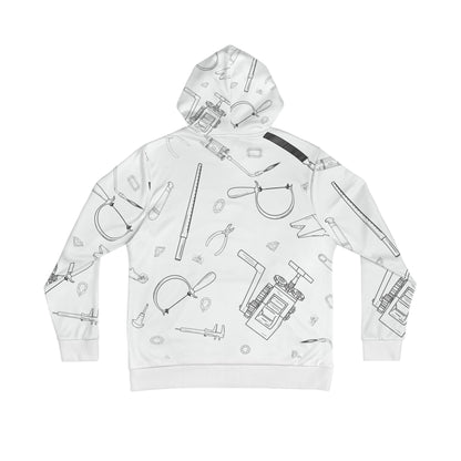 Print – back view showing full all-over jeweler's tools sketch print on white hoodie"