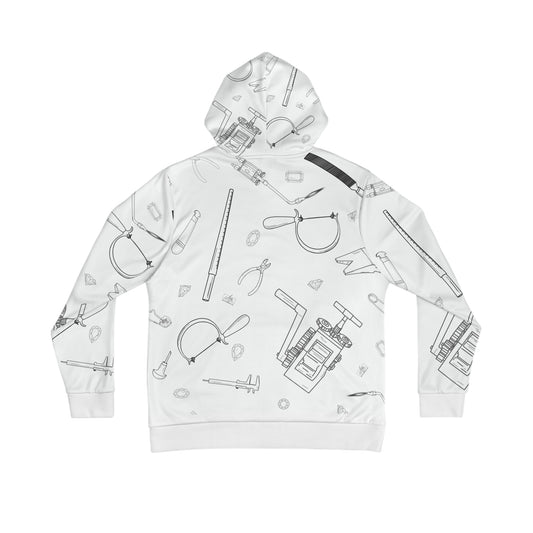 Print – back view showing full all-over jeweler's tools sketch print on white hoodie"