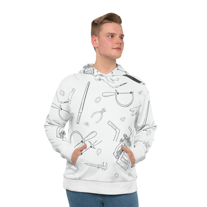 Print – male model wearing white hoodie with jeweler's tools sketch pattern, front three-quarter view"