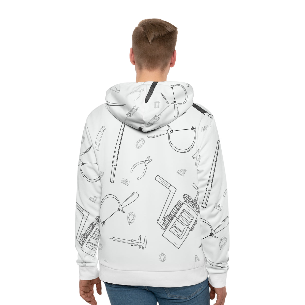 Print – male model wearing white hoodie with jeweler's tools sketch pattern, back view"