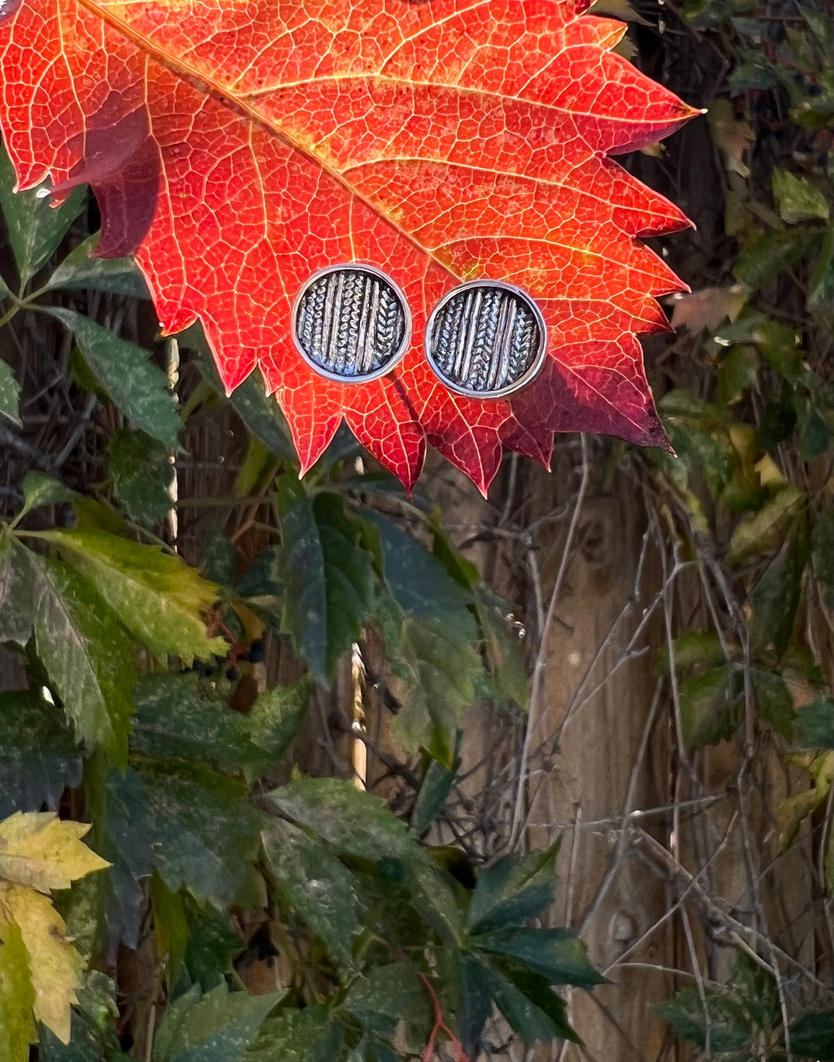 Medium Sweater Post Earrings – lifestyle shot of sterling silver sweater-texture disc stud earrings displayed on red autumn maple leaf outdoors