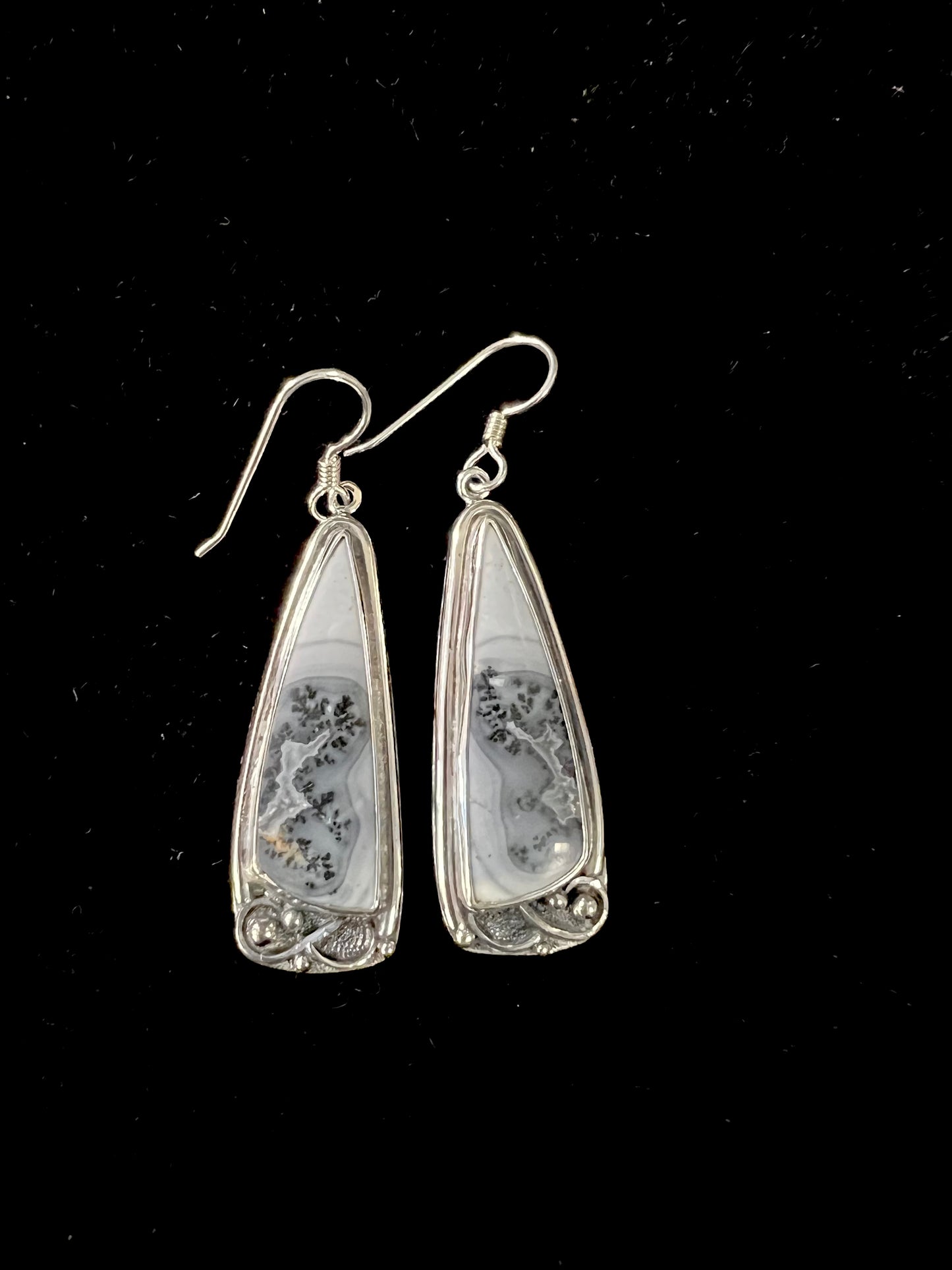 One-Of-A-Kind Artisanal Earrings – front view of unique sterling silver artisanal earrings with mixed-metal and oxidized finish, black background