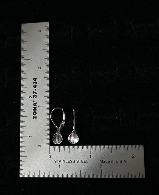 Small Sweater Drop Lever Back Earrings – size reference showing sterling silver knit-texture disc drop earrings approximately half inch wide on lever backs next to ruler, black background