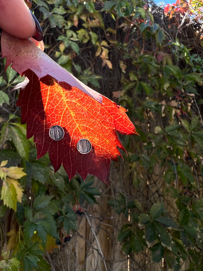Small Sweater Post Earrings – lifestyle shot of handcrafted sterling silver small sweater-texture disc stud earrings displayed on red autumn maple leaf outdoors