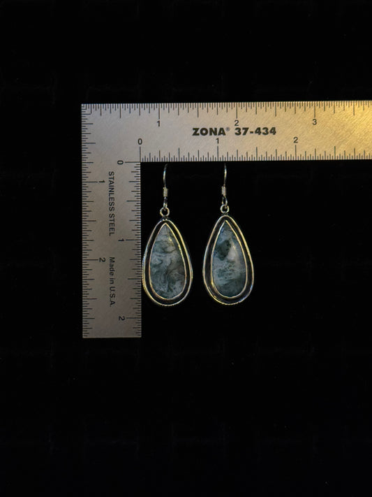 Teal Moss Agate Earrings – size reference showing sterling silver teardrop moss agate earrings approximately 1.5 inches long next to ruler, black background