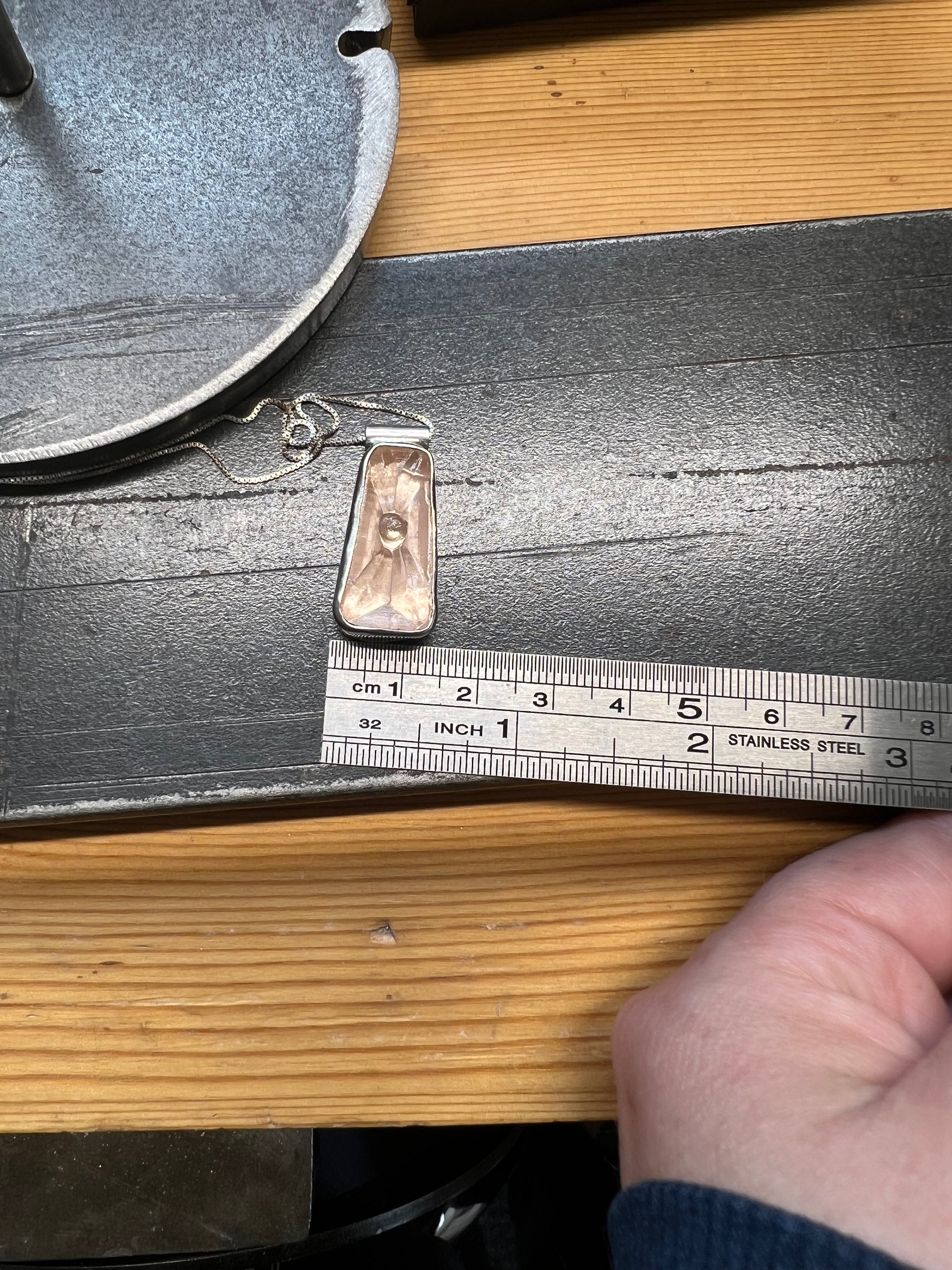 Vantage Glass Pendant – size reference showing sterling silver vintage glass cabochon pendant approximately 1 inch wide next to ruler, black background
