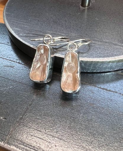 Vintage Glass Earrings – size reference showing sterling silver vintage glass cabochon drop earrings approximately 1.5 inches long next to ruler, black background
