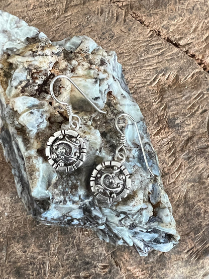 Artisanal Elements Earrings – handcrafted sterling silver artisanal disc drop earrings with oxidized mixed-metal detail, natural light